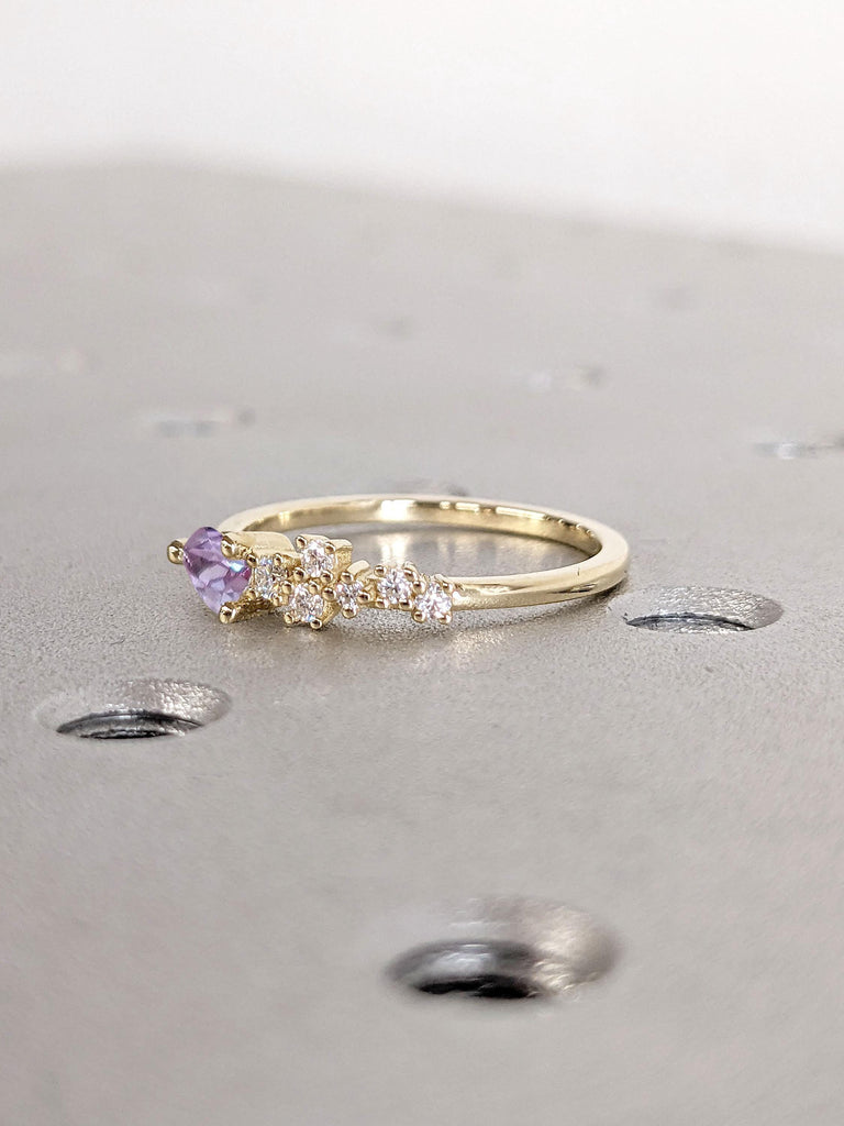 Pear Alexandrite and Round Lab Grown Diamond Cluster Ring | Dainty 14k Gold Ring Women Wedding Band | Unique Stacking Ring, Minimalist Ring