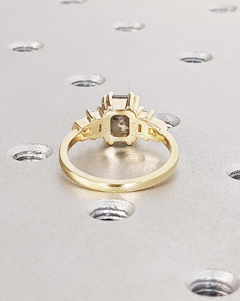 Emerald Cut Engagement Ring, Gray Salt and Pepper Diamond Ring, Round & Baguette Art Deco Bridal Ring, 14K Yellow Gold Diamond Wedding Ring