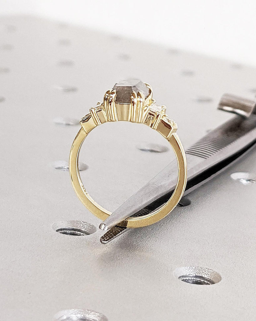 14K Gold Emerald Cut Salt and Pepper Diamond Engagement Ring, Round & Baguette Art Deco Bridal Ring, Double Prong Ring, 5 Stone Wedding Ring