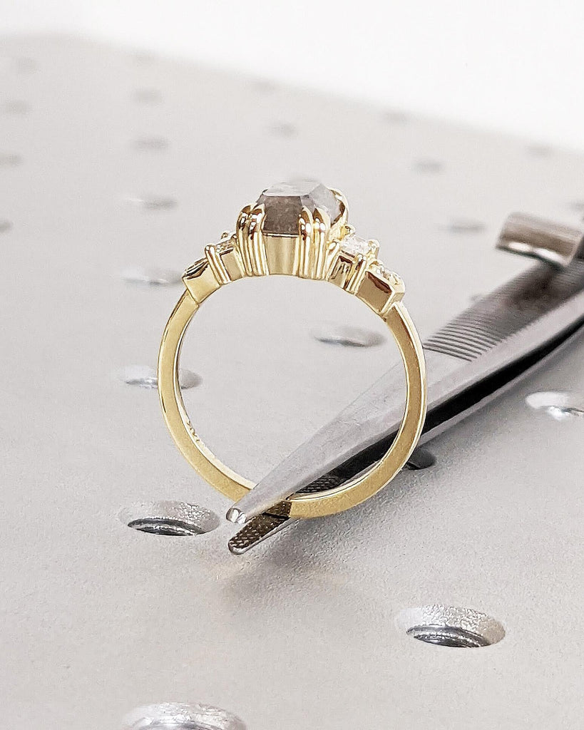 Emerald Cut Engagement Ring, Gray Salt and Pepper Diamond Ring, Round & Baguette Art Deco Bridal Ring, 14K Yellow Gold Diamond Wedding Ring