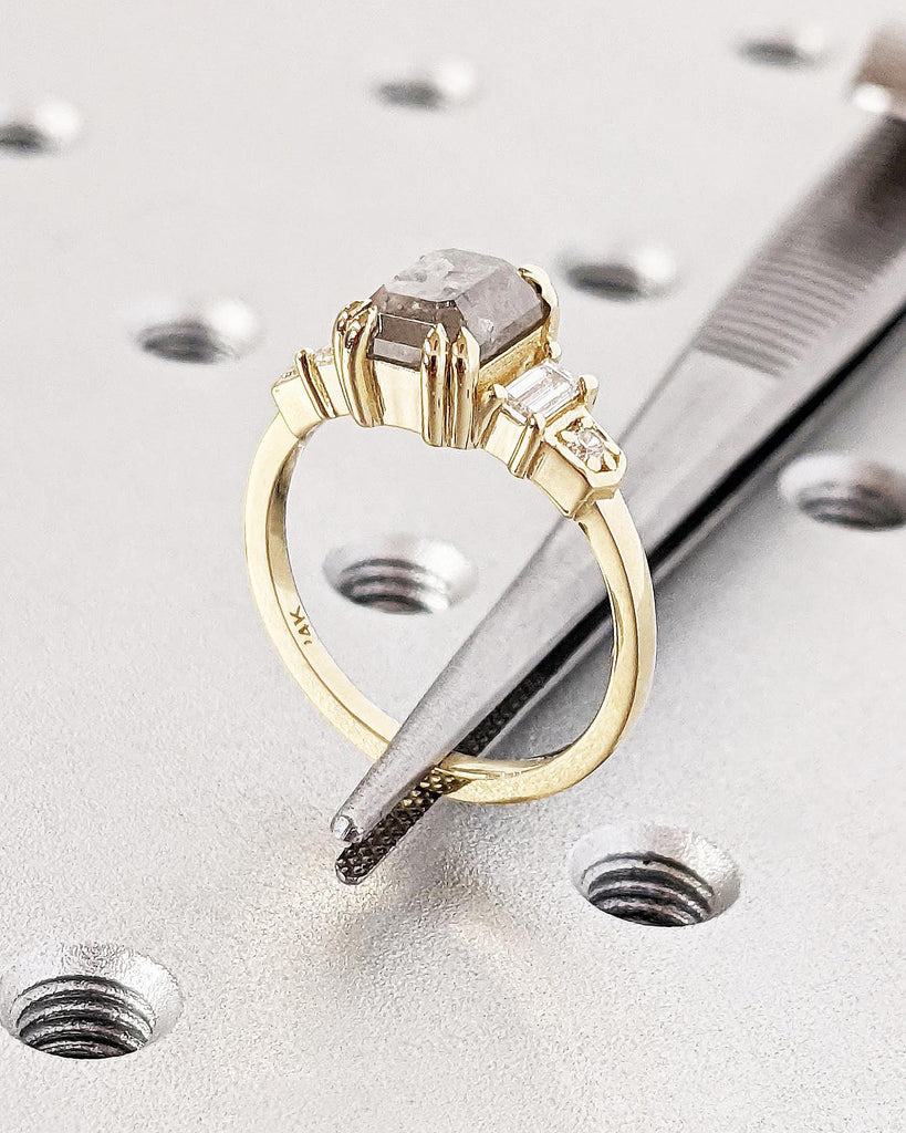 Emerald Cut Engagement Ring, Gray Salt and Pepper Diamond Ring, Round & Baguette Art Deco Bridal Ring, 14K Yellow Gold Diamond Wedding Ring