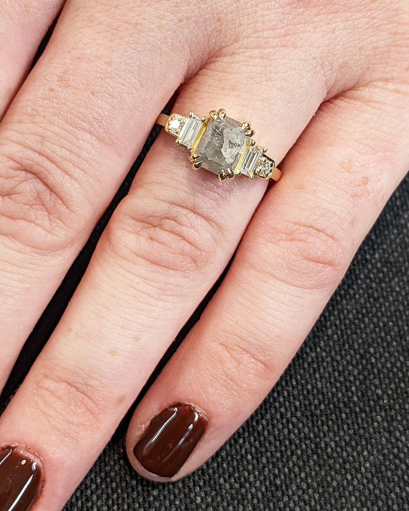 14K Gold Emerald Cut Salt and Pepper Diamond Engagement Ring, Round & Baguette Art Deco Bridal Ring, Double Prong Ring, 5 Stone Wedding Ring