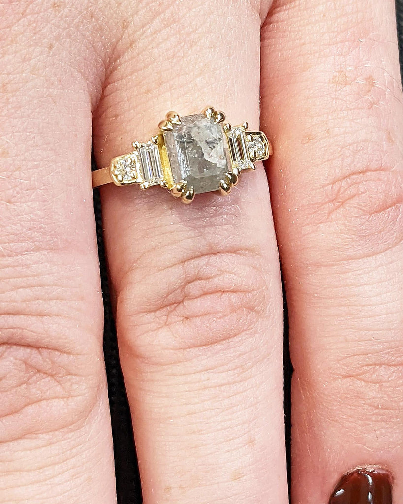14K Gold Emerald Cut Salt and Pepper Diamond Engagement Ring, Round & Baguette Art Deco Bridal Ring, Double Prong Ring, 5 Stone Wedding Ring