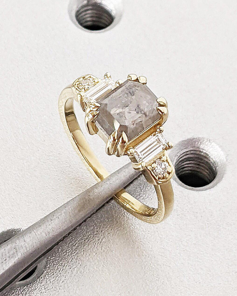 Emerald Cut Engagement Ring, Gray Salt and Pepper Diamond Ring, Round & Baguette Art Deco Bridal Ring, 14K Yellow Gold Diamond Wedding Ring