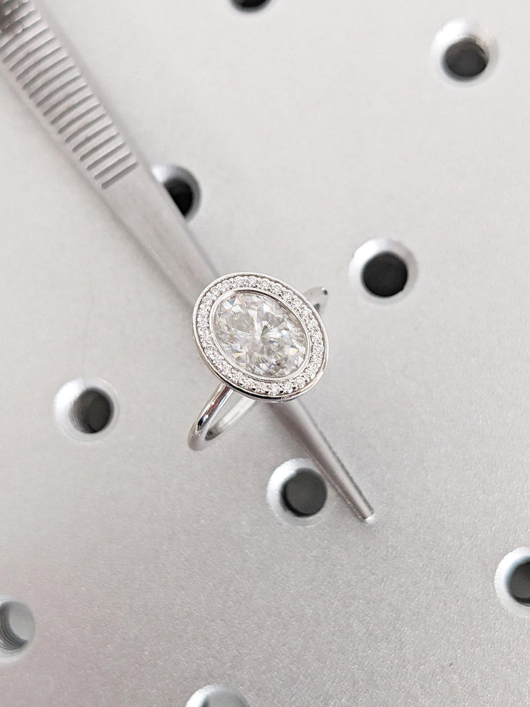 Dainty 14k Gold Ring | Bezel Set Moissanite Ring | Unique Solitaire Anniversary Ring | Round Moissanite Halo Ring | Wedding Anniversary Gift