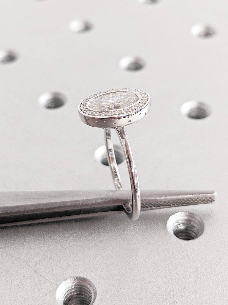 Dainty 14k Gold Ring | Bezel Set Moissanite Ring | Unique Solitaire Anniversary Ring | Round Moissanite Halo Ring | Wedding Anniversary Gift