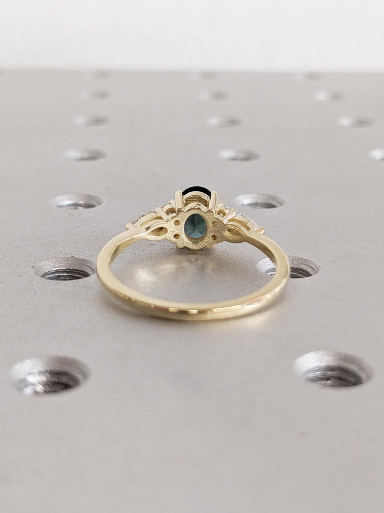 Art Deco Montana Sapphire Ring, Dainty 14k Solid Gold Oval Engagement Ring, Vintage Diamond Cluster Ring, One of a Kind Teal Sapphire Ring