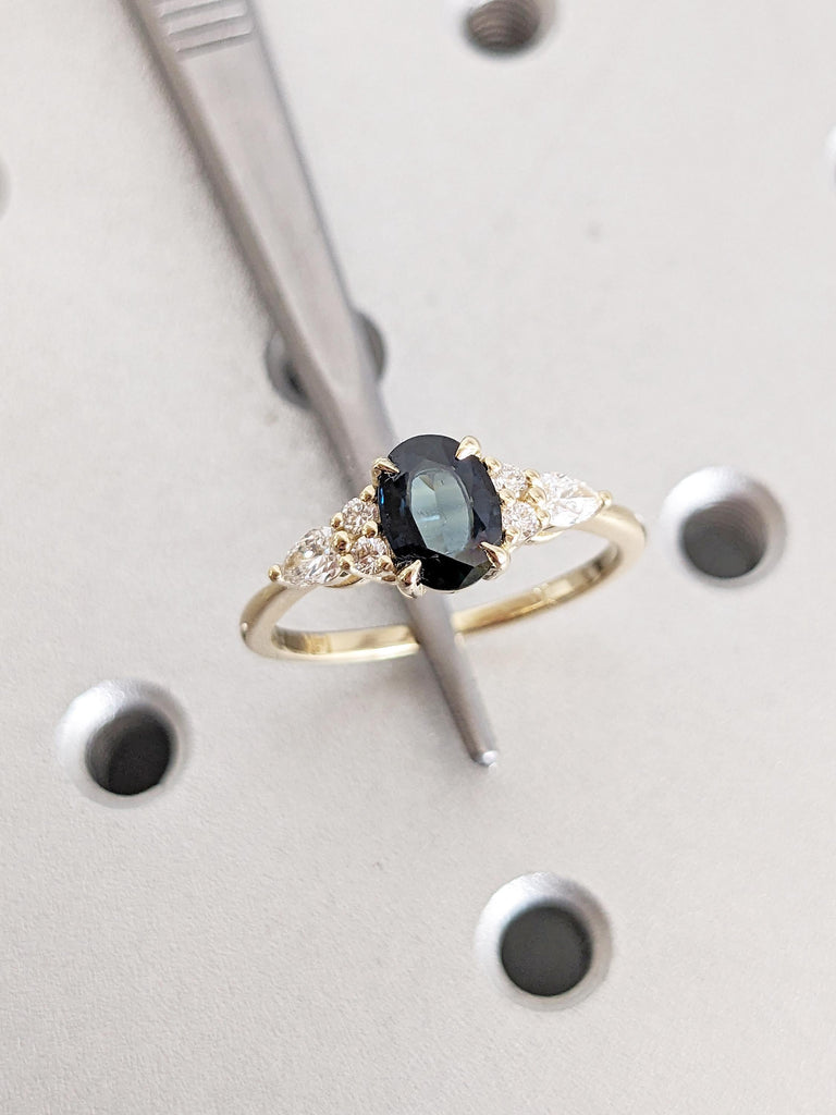 Art Deco Montana Sapphire Ring, Dainty 14k Solid Gold Oval Engagement Ring, Vintage Diamond Cluster Ring, One of a Kind Teal Sapphire Ring