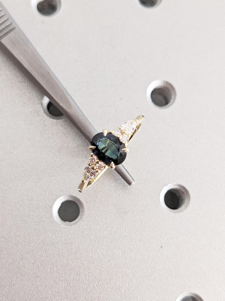 Blue Green Sapphire Ring, 14k Gold Ring, Unique Moissanite Cluster Ring, Gold Engagement Ring, Vintage Wedding Band, Promise Ring for Her
