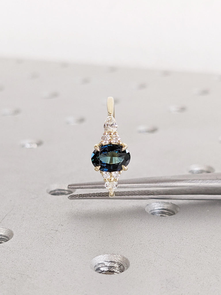 Blue Green Sapphire Ring, 14k Gold Ring, Unique Moissanite Cluster Ring, Gold Engagement Ring, Vintage Wedding Band, Promise Ring for Her