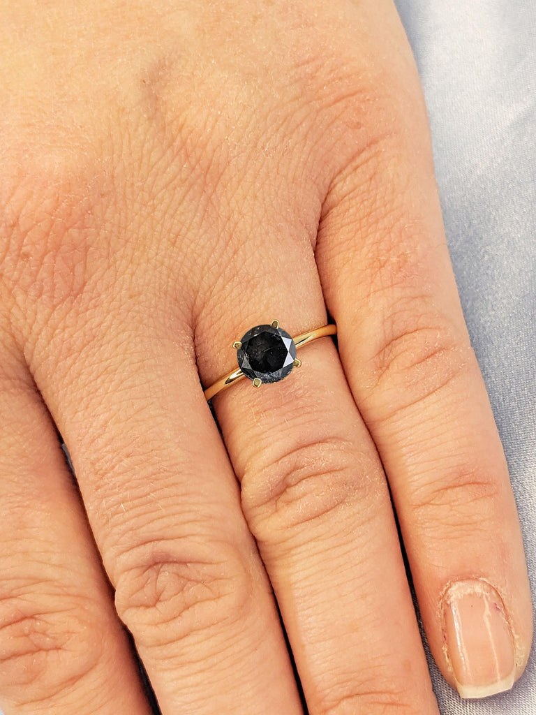 Round Salt and Pepper Diamond Ring, Comfort Fit Engagement Ring, Minimalist Ring, 14k Solid Gold Solitaire Ring, Wedding Anniversary Gift