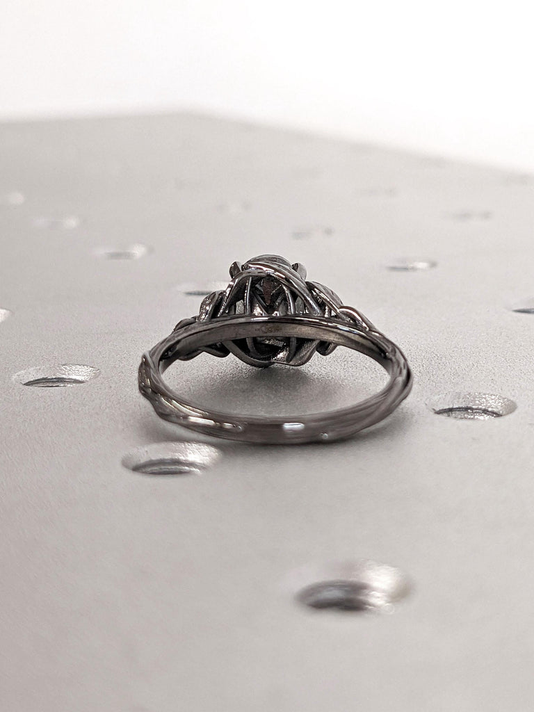 Vintage 14k 18k Black Gold Engagement Ring | Branch and Leaf Black Diamond Engagement Ring | Oval Salt and Pepper Diamond Black Promise Ring