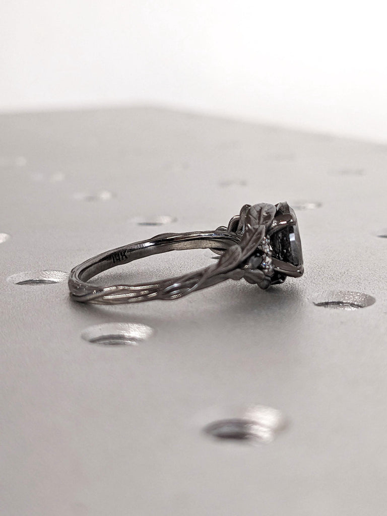 Vintage 14k 18k Black Gold Engagement Ring | Branch and Leaf Black Diamond Engagement Ring | Oval Salt and Pepper Diamond Black Promise Ring