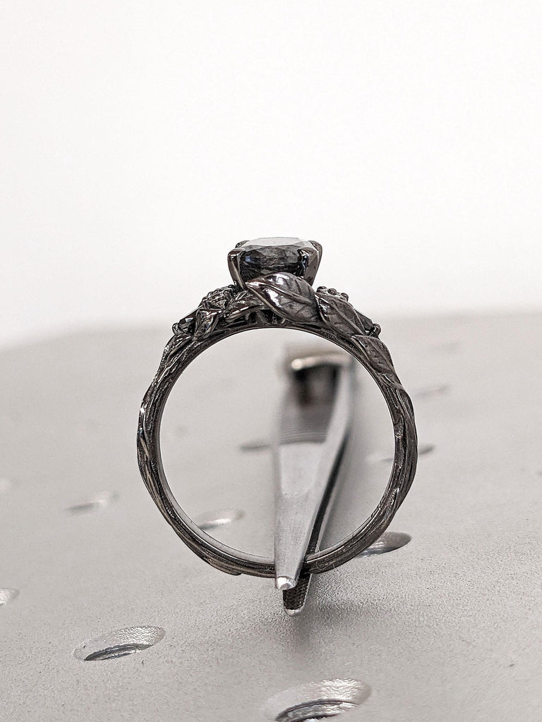 Unique Leaf Ring | Leaf Engagement Ring | Rustic Engagement | 14k 18k Black Gold Rings for Women | Natural Black Diamond Ring | Gothic Ring | Gothic Bridal | Black Wedding Ring