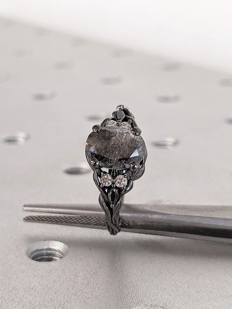 Vintage Black Onyx Engagement Ring | Oval cut Salt and Pepper Diamond | 14k Gold Ring | Leaf Ring