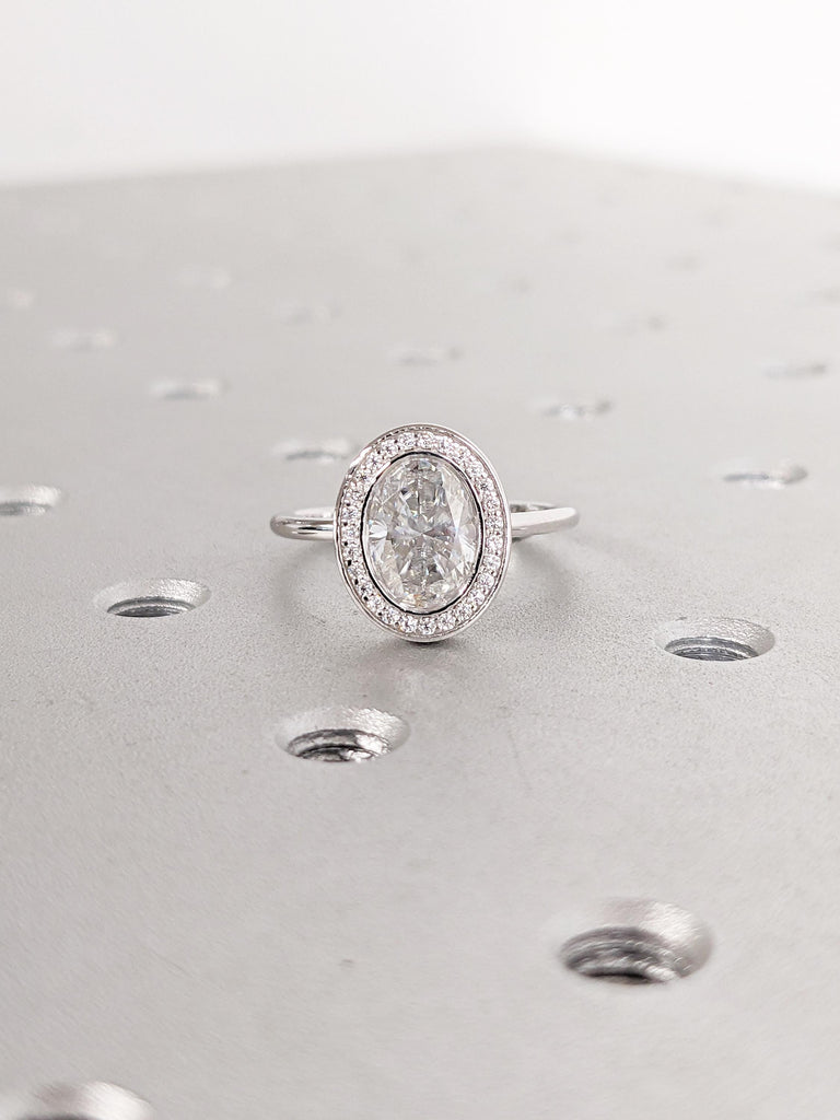 Dainty 14k Gold Ring | Bezel Set Moissanite Ring | Unique Solitaire Anniversary Ring | Round Moissanite Halo Ring | Wedding Anniversary Gift