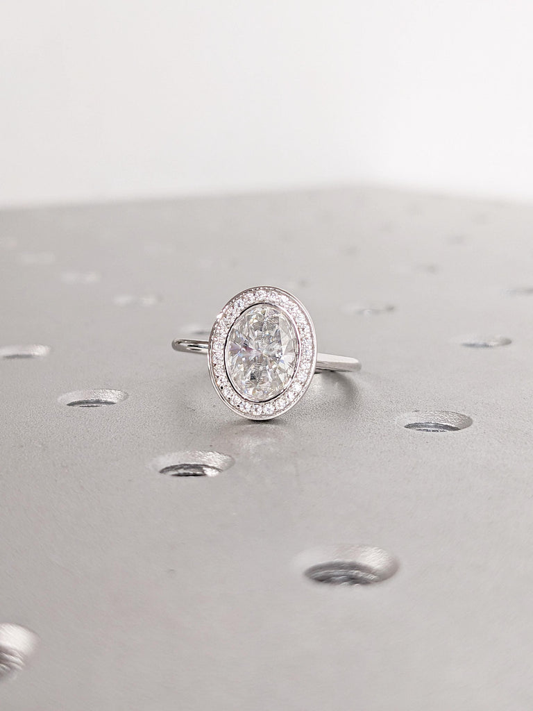 Lab Grown Diamond Engagement Ring, Art Deco 14k White Gold Oval Halo Ring, Solitaire Lab Created Diamond Ring, Bezel Set Gold Diamond Ring