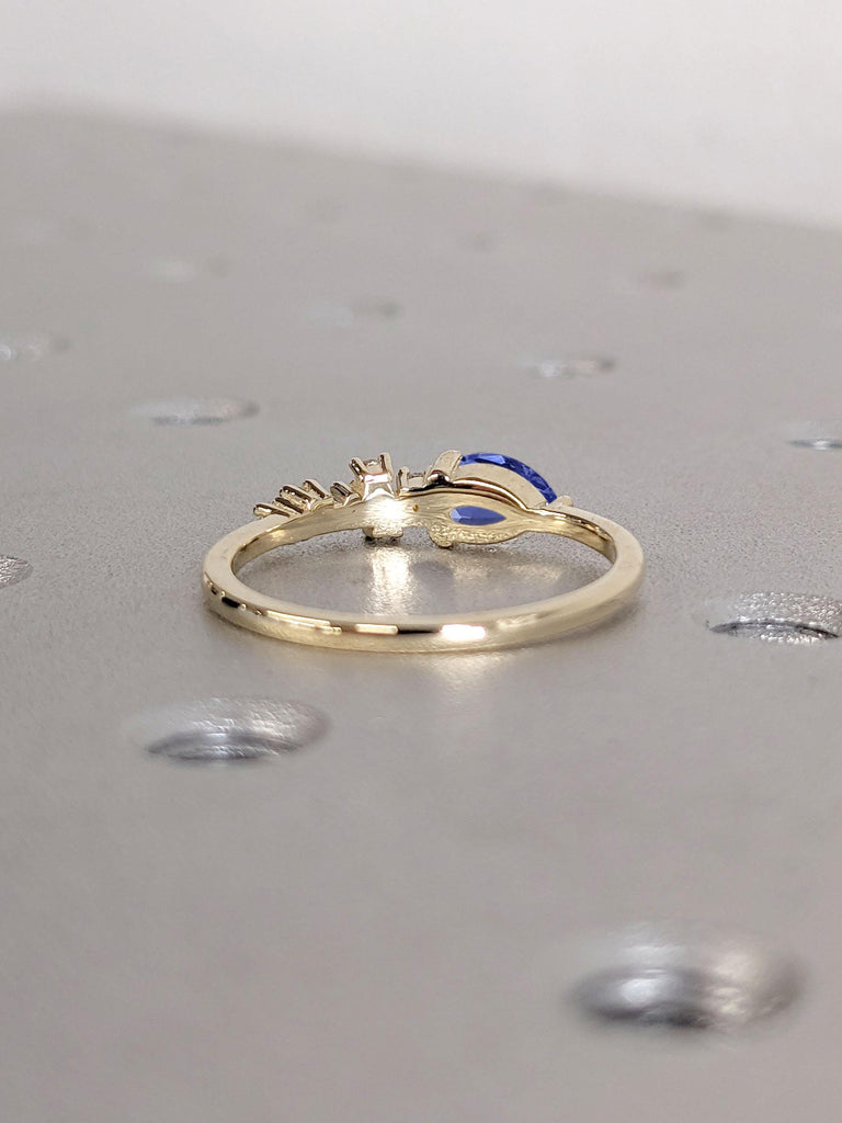 0.5ct Sapphire and Lab Created Diamond Cluster Ring | 14k Solid Yellow Gold Ring | Unique Pear Wedding Ring | Vintage Stacking Ring Gift