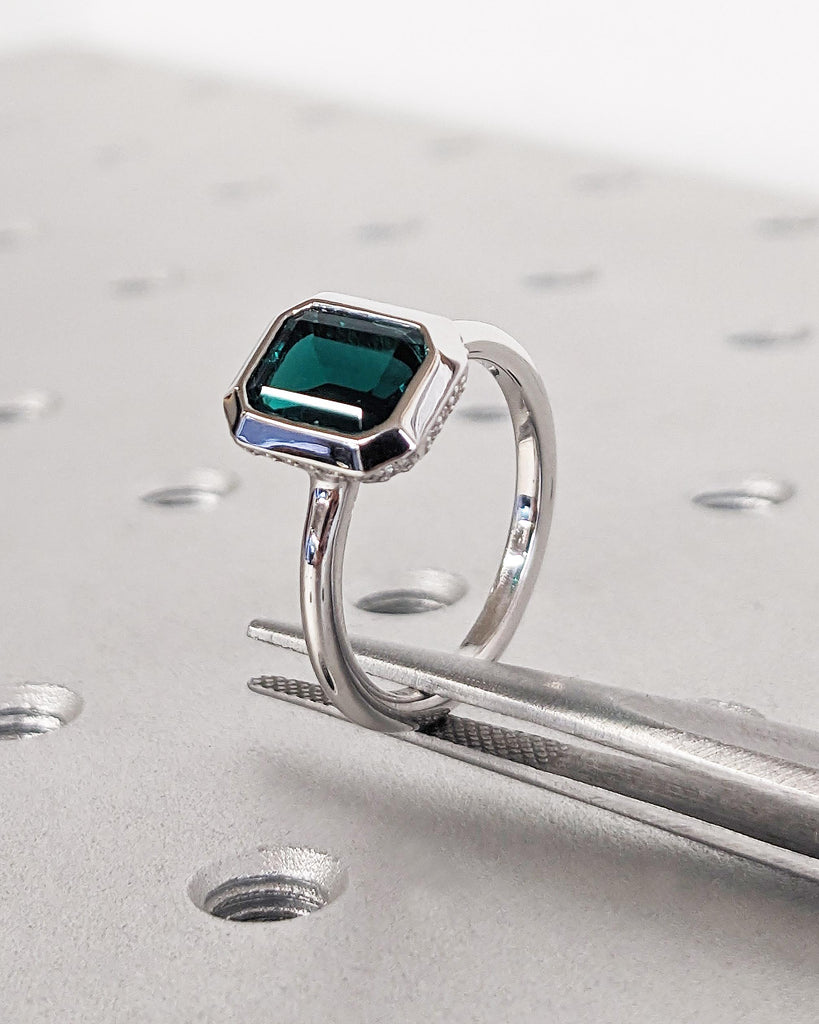 Bezel Set Emerald Cut Emerald Solitaire Wedding Ring | 14K White Gold Diamond Hidden Halo Engagement Ring | May Birthstone Ring | Gemstones image #6