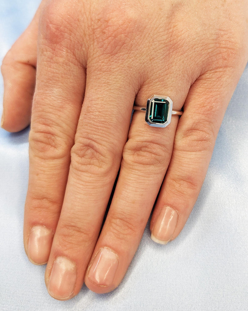 Bezel Set Emerald Cut Emerald Solitaire Wedding Ring | 14K White Gold Diamond Hidden Halo Engagement Ring | May Birthstone Ring | Gemstones image #10