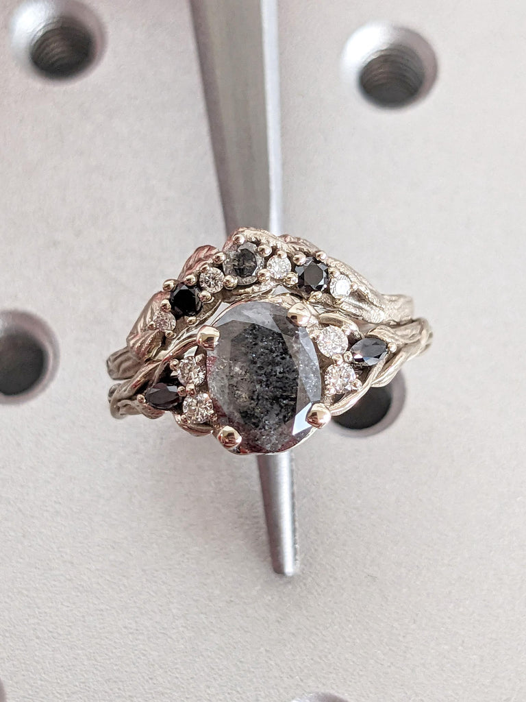 Vintage Black Onyx Engagement Ring | Oval cut Salt and Pepper Diamond | 14k Gold Ring | Leaf Ring | Twig Branch Tree Bark Ring | Stacking Ring Set