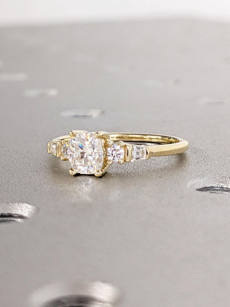 Five Stone Engagement Ring, Cushion Cut Lab Grown Diamond Ring, Round & Tapered Baguette Art Deco Bridal Ring, 5 Stone Diamond Ring for Wife image #5