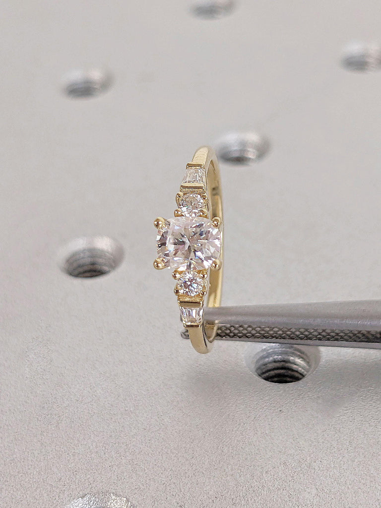 Five Stone Engagement Ring, Cushion Cut Lab Grown Diamond Ring, Round & Tapered Baguette Art Deco Bridal Ring, 5 Stone Diamond Ring for Wife image #4