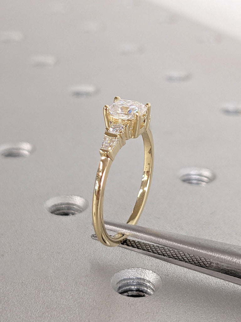 14k Gold Moissanite Ring, Elongated Cushion Cut Engagement Ring, Wedding Gift for Her, Moissanite or Diamond Cluster Ring, Gold Promise Ring