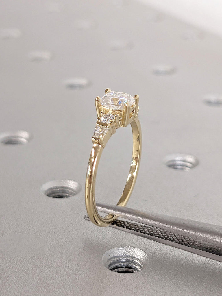 Elongated Cushion Moissanite Engagement Ring, Solid Gold Ring, Round Cut and Tapered Baguette Diamond, Unique Moissanite Ring, Gift for Wife