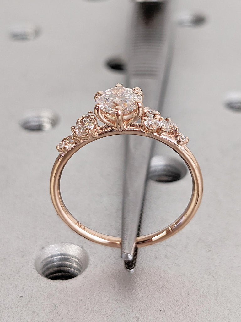 Round Cut Moissanite Engagement Ring, Dainty Rose Gold Ring, Snowdrift Diamond Cluster Ring, Moissanite Promise Rings for Women, Bridal Gift