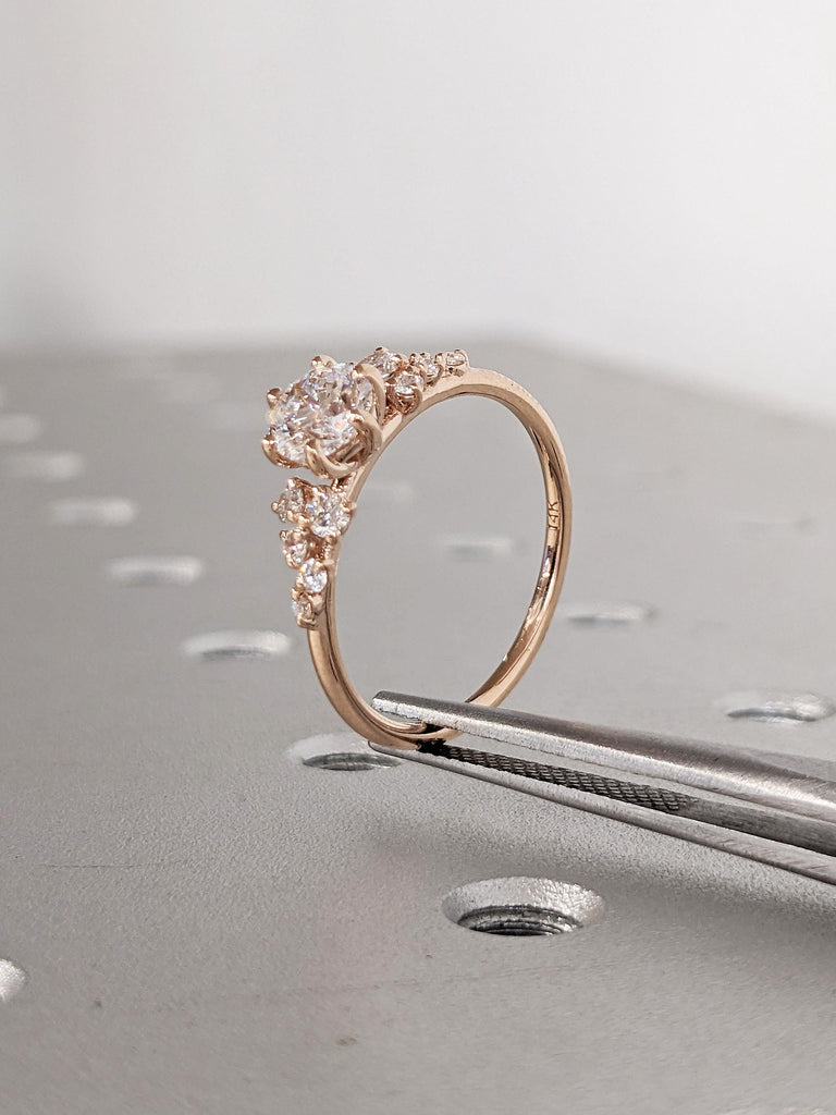 Round Cut Moissanite Engagement Ring, Dainty Rose Gold Ring, Snowdrift Diamond Cluster Ring, Moissanite Promise Rings for Women, Bridal Gift