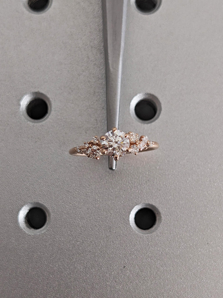 Round Cut Moissanite Engagement Ring, Dainty Rose Gold Ring, Snowdrift Diamond Cluster Ring, Moissanite Promise Rings for Women, Bridal Gift