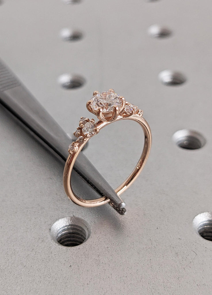 Round Cut Moissanite Engagement Ring, Dainty Rose Gold Ring, Snowdrift Diamond Cluster Ring, Moissanite Promise Rings for Women, Bridal Gift
