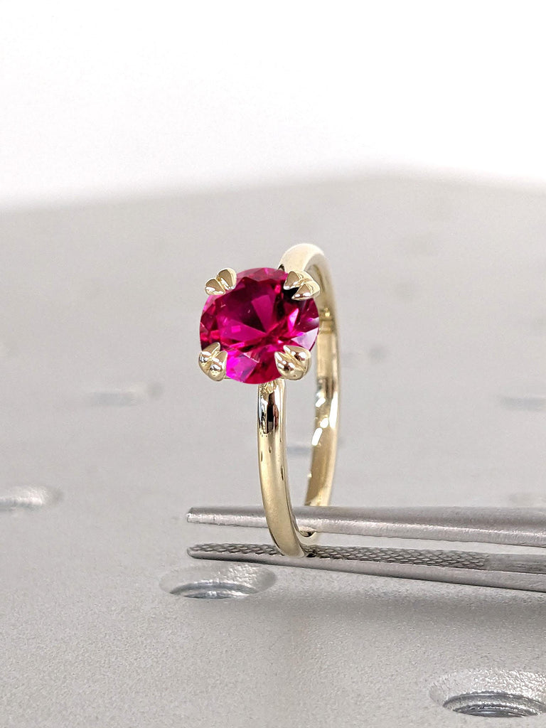Double Prong Lab Ruby Ring | Comfort Fit Engagement Rings | 14k Gold Rings for Women | Simple Promise Ring