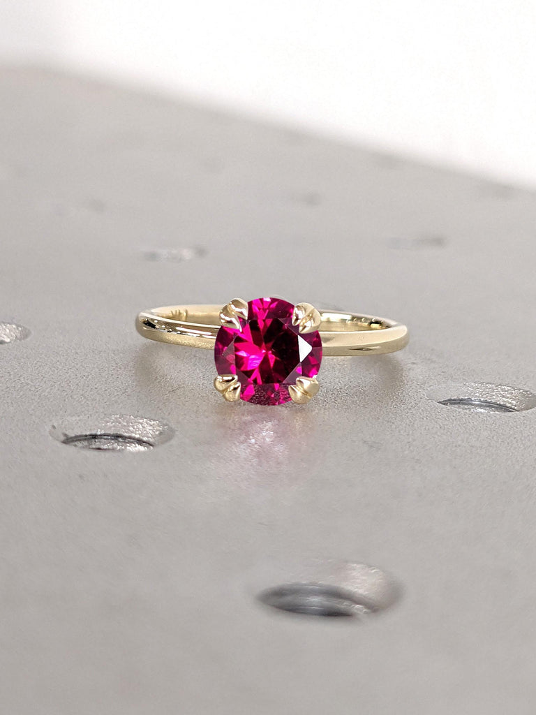 Round cut Red Ruby Solitaire Engagement Ring | 14k 18k Yellow Gold Wedding Band | Unique Double Claws Prong Tulip Ring | Woman Promise Ring