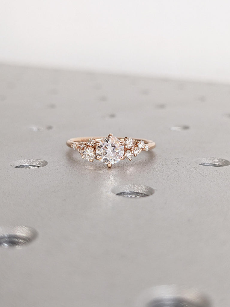 Round Cut Moissanite Engagement Ring, Dainty Rose Gold Ring, Snowdrift Diamond Cluster Ring, Moissanite Promise Rings for Women, Bridal Gift