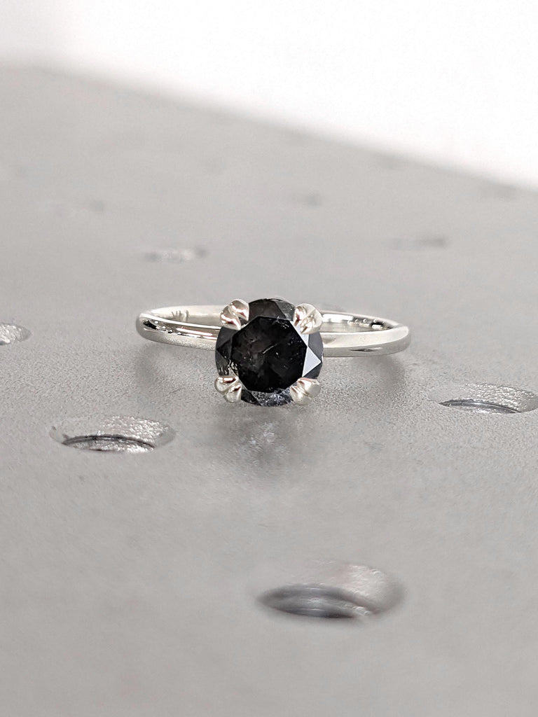 1ct Round Salt and Pepper Diamond Solitaire Ring | Solid White Gold Engagement Rings for Women | Comfort Fit Gold Ring