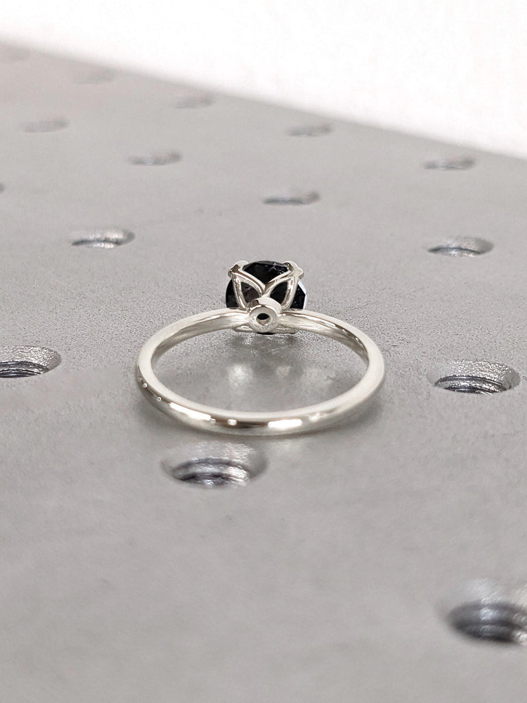 1-2 Carat Round Cut Raw Salt and Pepper Black Diamond Ring | Minimalist Solitaire Comfort Fit Thin Ring | Round cut Diamond Engagement Ring