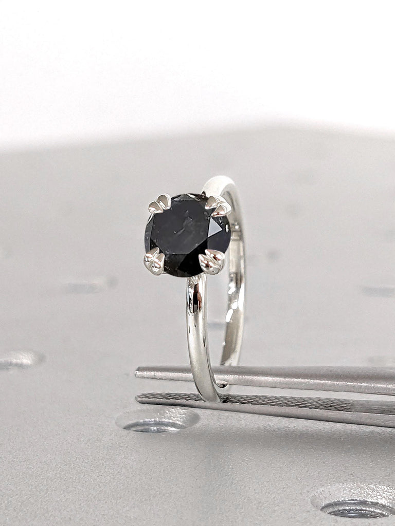 Round Engagement Ring in 14k Solid Gold / 1, 1.5, 2 CT Natural Black Diamond Engagement Rings / Double Claws Prong Solitaire Salt and Pepper Diamond Ring / Gold Promise Ring