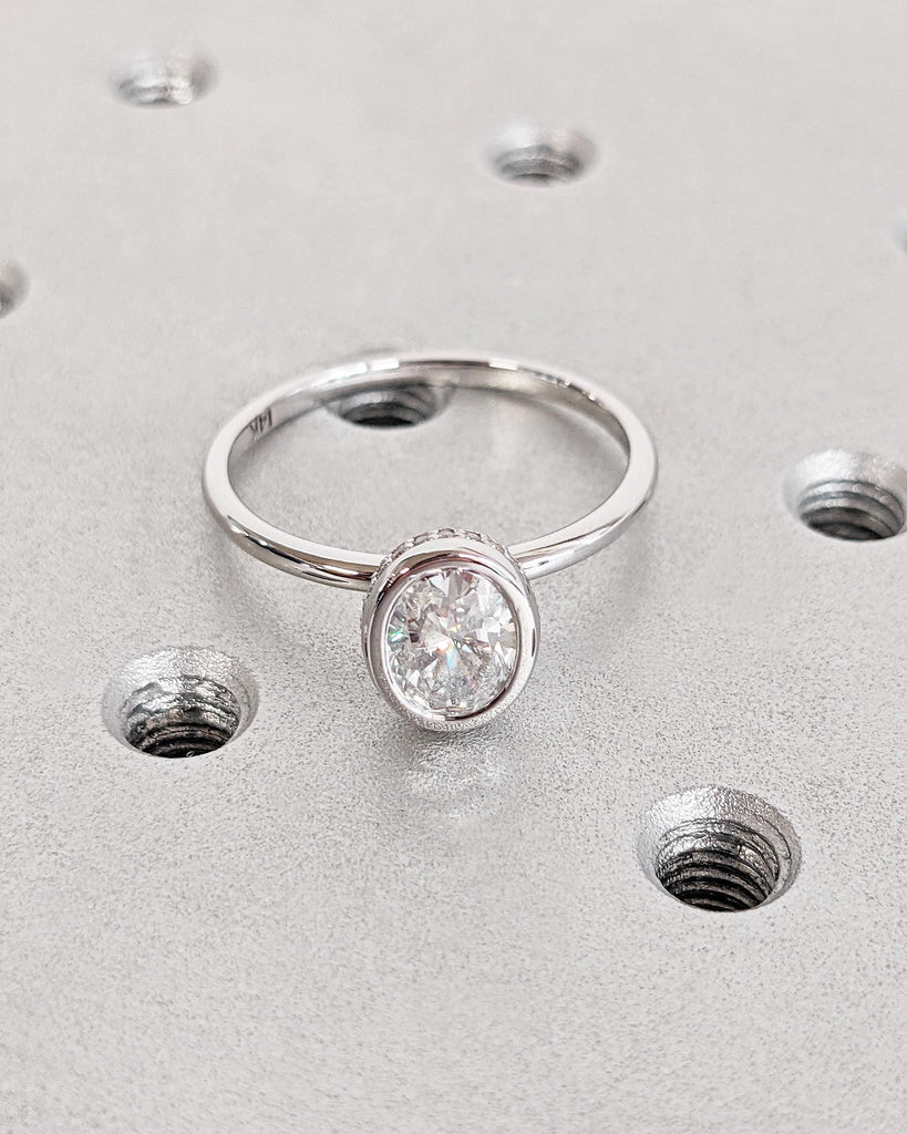 Crushed Ice Oval Moissanite Solitaire 3 Ring Wedding Set | Moissanite Hidden Halo Promise Ring | Bezel Set Half Eternity Ring 14K White Gold