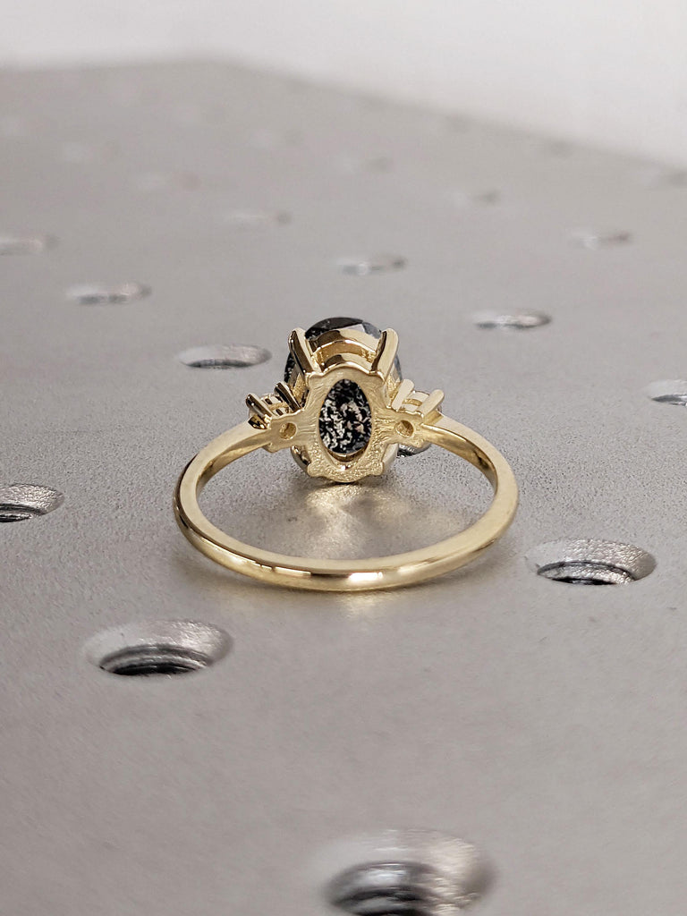 Oval Engagement Ring, Art Deco Salt and Pepper Diamond Ring, Unique Anniversary Ring, Gold Promise Ring for Her, Wedding Anniversary Gift