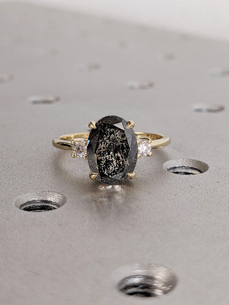 Oval Engagement Ring, Art Deco Salt and Pepper Diamond Ring, Unique Anniversary Ring, Gold Promise Ring for Her, Wedding Anniversary Gift