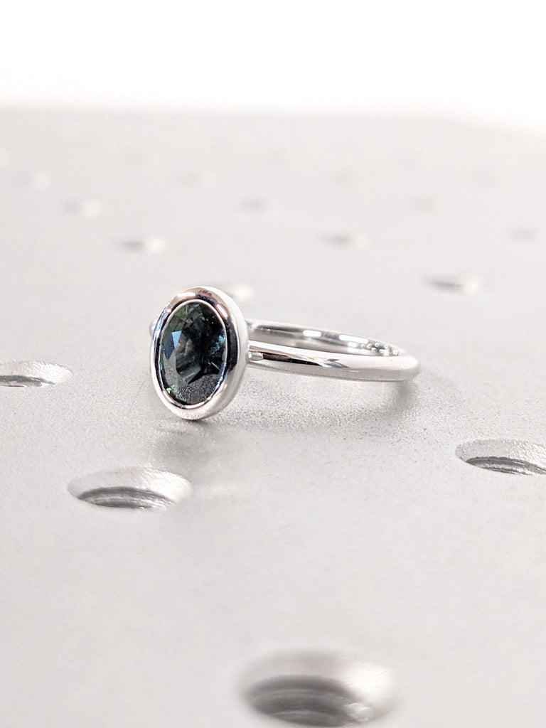 1ct Natural Blue Green Sapphire Ring | Oval Teal Sapphire Solitaire Simple Promise Ring | Vintage Sapphire Engagement Ring, 14K White Gold
