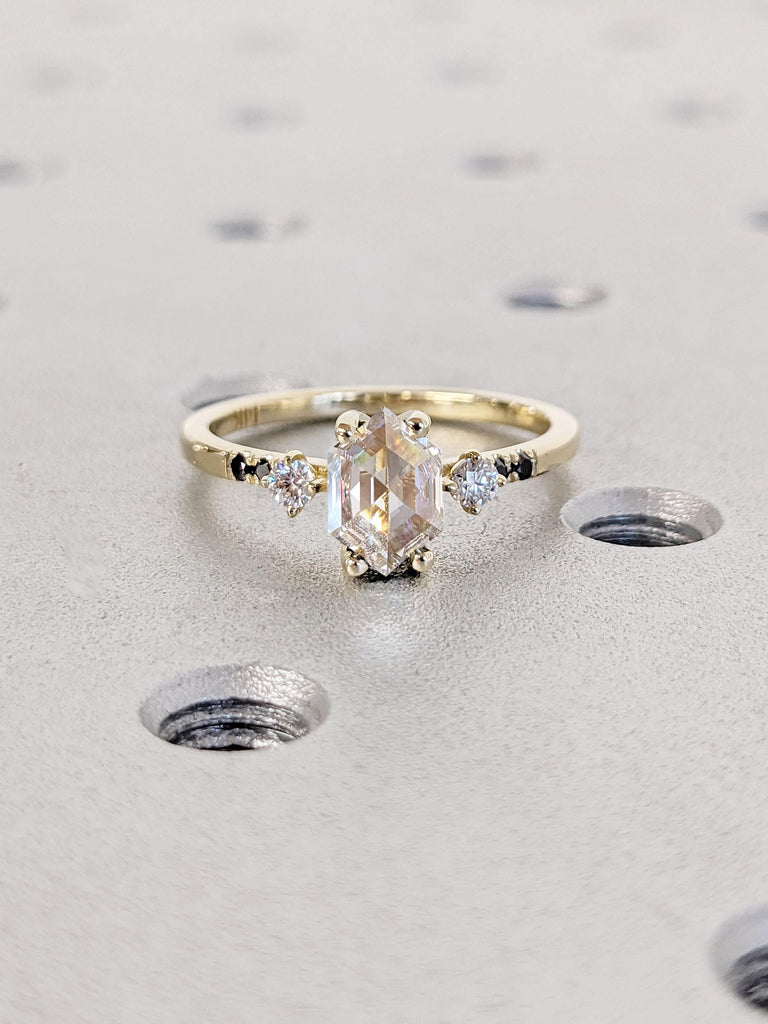 VVS Moissanite Women Engagement Ring | 14k 18k Thin Gold Rings for Women | Unique White and Black Diamond Cluster Ring | Wedding Ring