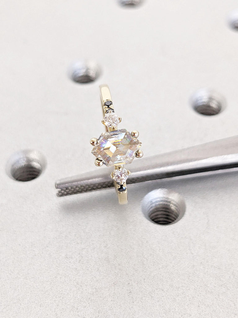 Unique Hexagon cut VVS Moissanite Engagement Ring | 14k Thin Gold Rings for Women | Multi Stone White and Black Diamond Ring | Wedding Ring