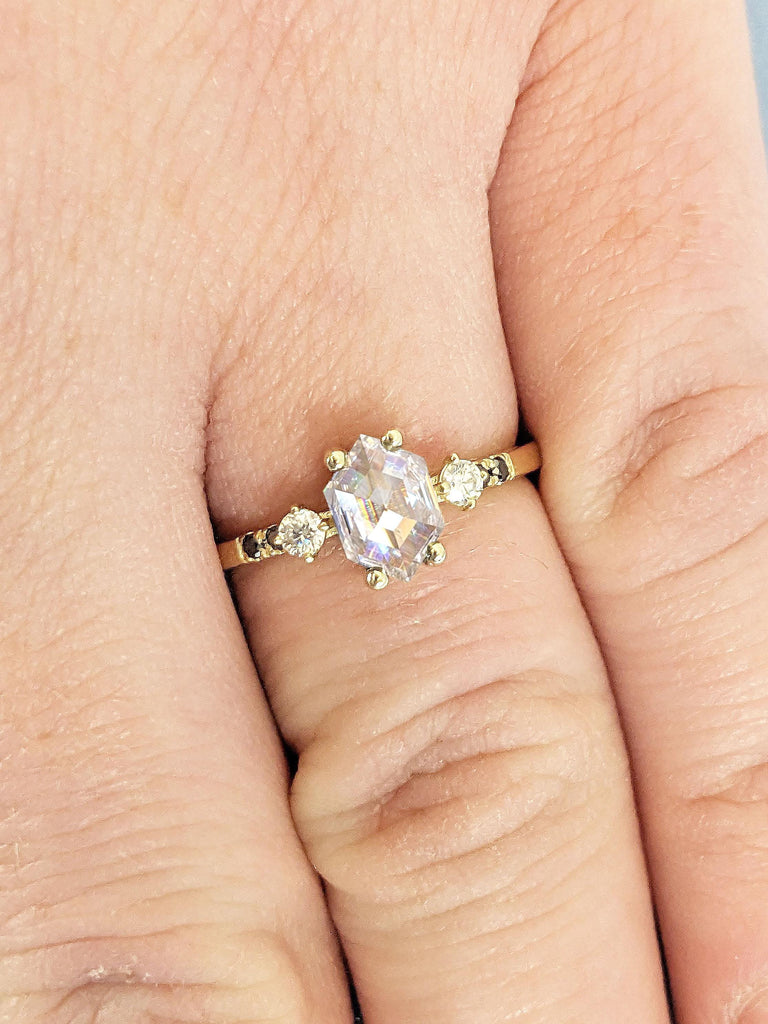 1 Carat White Moissanite Promise Ring for Her | Unique Hexagon cut Engagement Ring | Diamond Cluster Ring | 14k Yellow Gold Rings for Women
