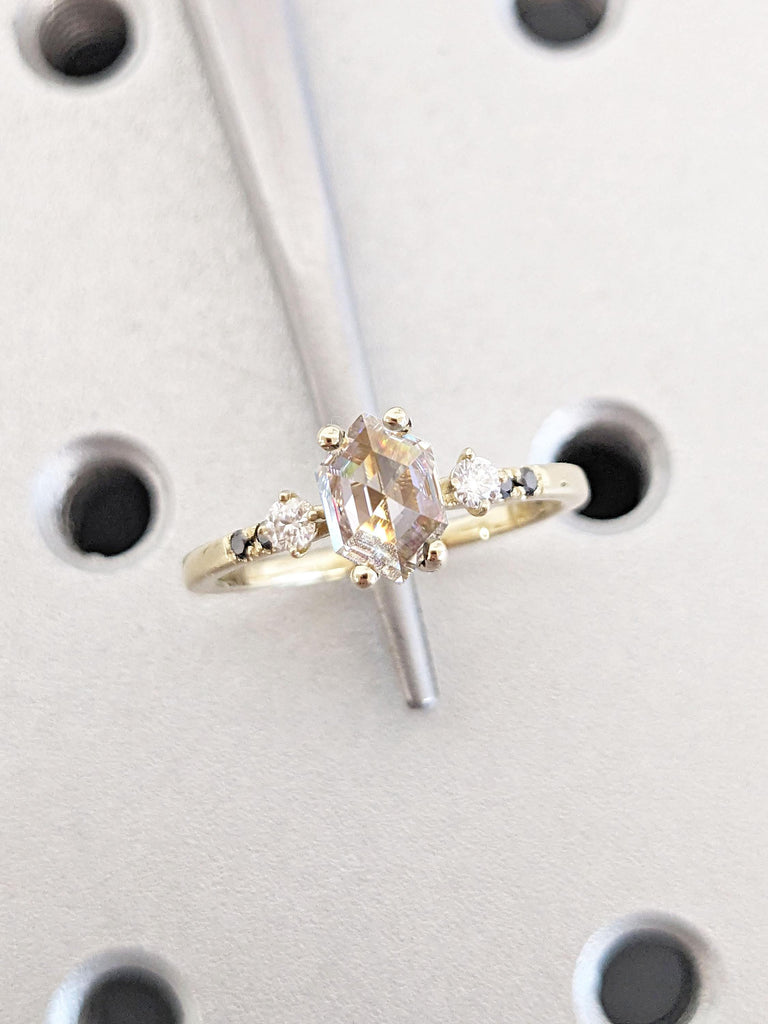 Moissanite and Black Diamond Dainty Engagement Ring | Art Deco Promise Anniversary Ring for Her | Hexagon cut Geometrical Ring | Solid Yellow Gold Ring
