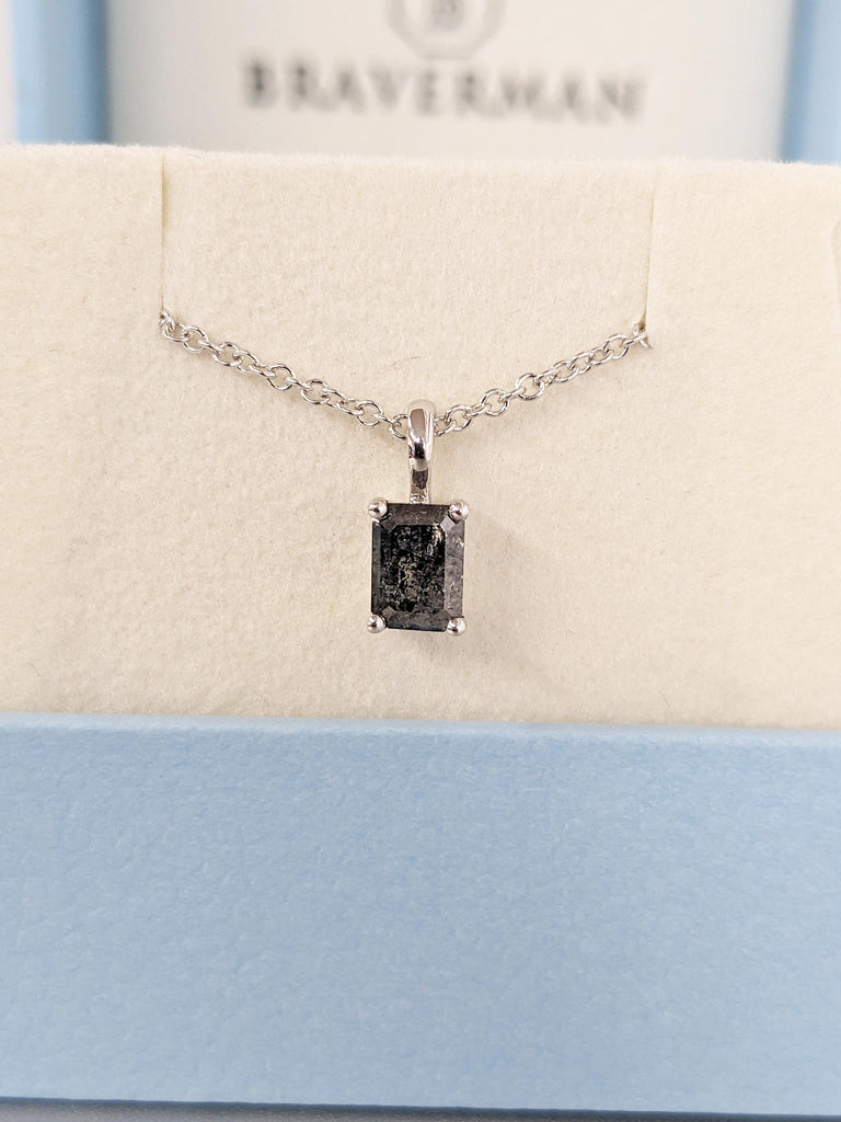 14k Gold Necklace | Emerald Cut Salt and Pepper Diamond Pendant Necklace | Personalized Necklace Gift | Necklace for Women | Gold Necklace image #2