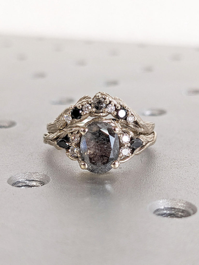 Branch and Leaf Black Diamond Matching Ring Set | Nature Inspired White Gold Curved Wedding Ring | Salt and Pepper Diamond Promise Ring