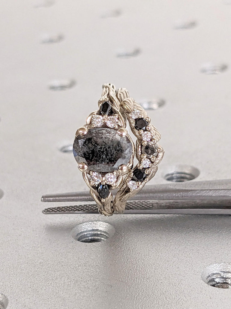 Nature Inspired Black Diamond Engagement Ring | 14k White Gold Stacking Ring | Bridal Ring Set | Curved Wedding Band | Tree Bark Ring | Handmade Ring